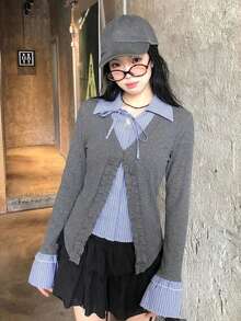 Women's 2 In 1 Cardigan, Plaid Patchwork, Tie Front And Long Sleeves - Grey - View 2