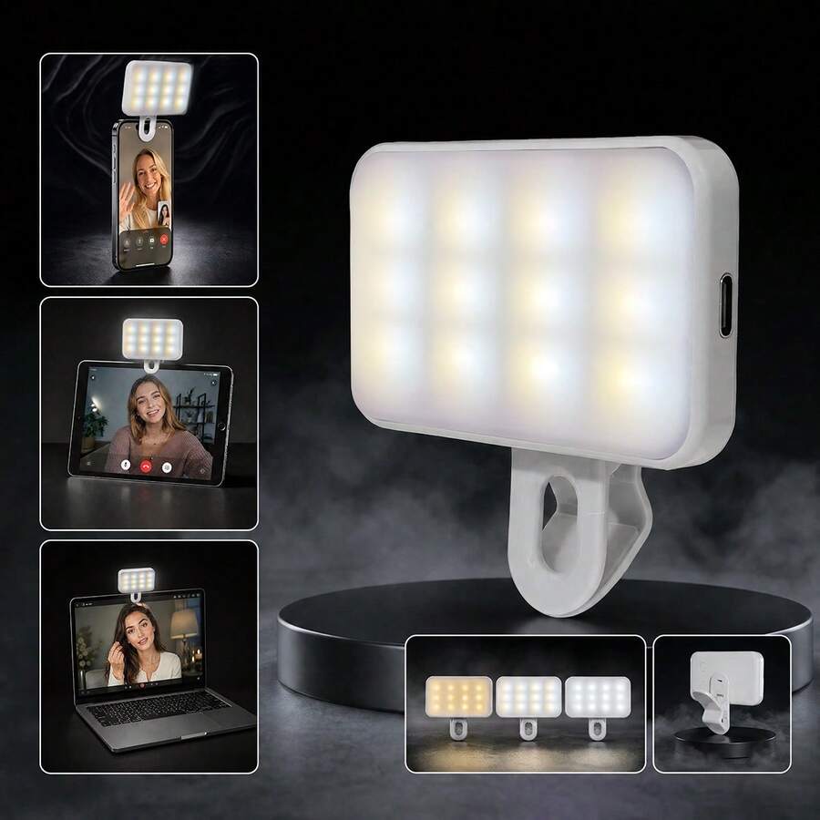 No 015062149-0001 1pc Adjustable 3-Color Selfie Ring Light With Clip, Portable Mini LED Light, USB Rechargeable (250mAh), Suitable For Phone, Camera, Video Conference, Live Streaming Fill Light, Laptop, Makeup And Selfie, Perfect Gift For Back To School, Birthday, Halloween, Christmas