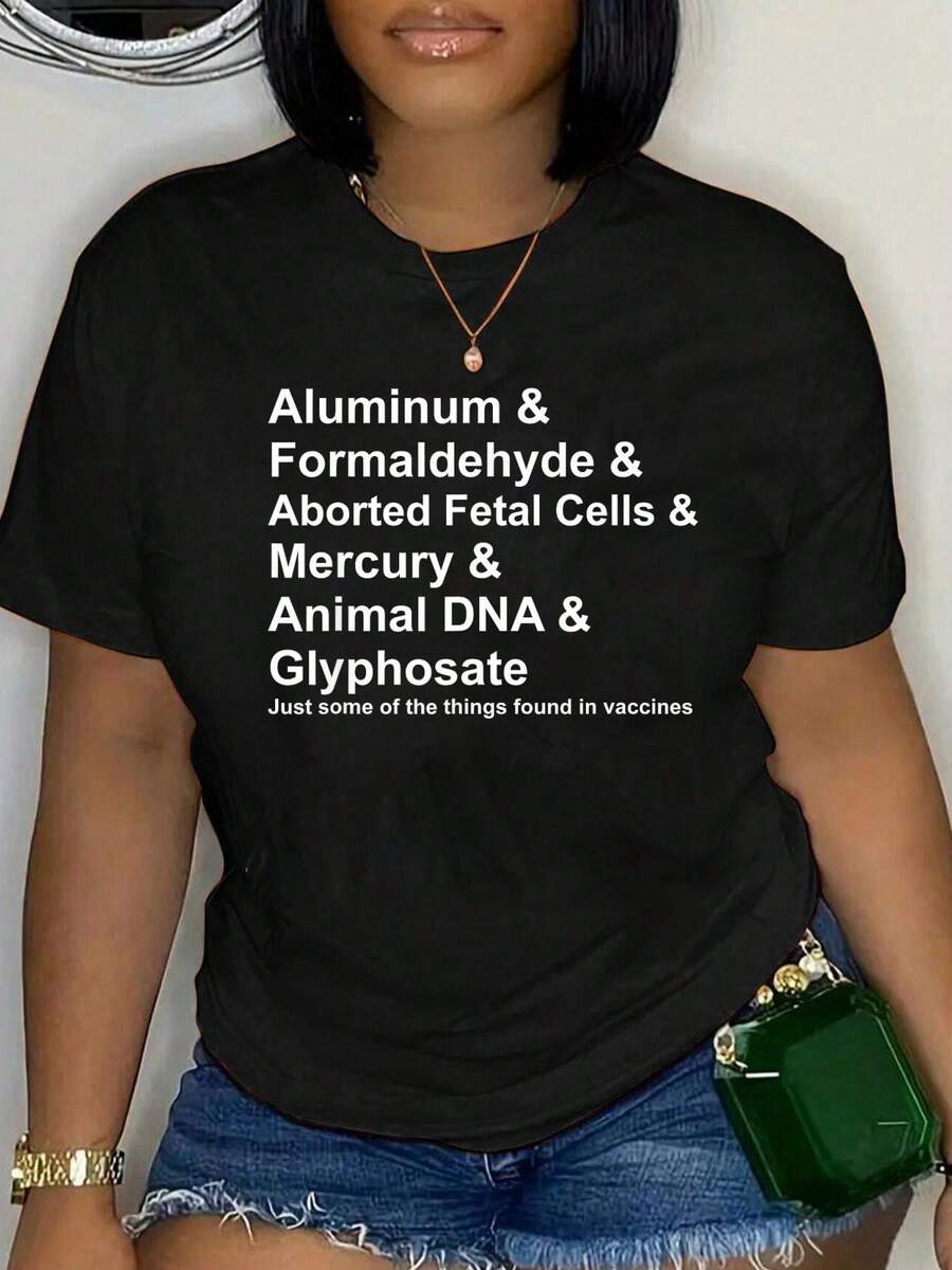 100% Cotton Vaccine Ingredients T Shirt Mercury Aluminum DNA Antivax T-Shirt Classic Comfort Shirt For Women Graphic Tee Fashion Vacation Tops - Black - View 1