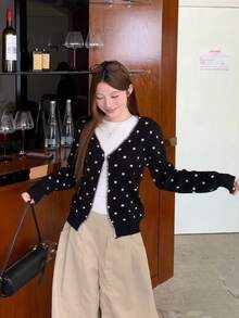 Fashionable Cute Polka Dot Long Sleeve Knit Cardigan - Black - View 7