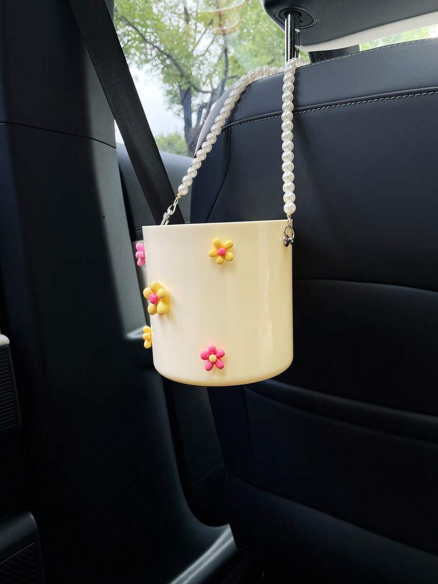 Flower Car Trash Can, Faux Pearl Hanging Chain, ABS Material Car Back Seat Hanging Trash Can, Car Storage Bin Multi-Function Storage Bucket Car Cleaning Bucket Material Accessories. - Flowers - View 1