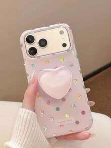 INS Aesthetic Gilded Colorful Polka Dot Heart Stand Phone Case Compatible With Apple 17 Pro Max, 16 Pro, New 15, Women's 14, Korean Style Soft Pink, Full Coverage Hard Shell, Niche Design, 18 Pro Max, 18 - Pink - View 4