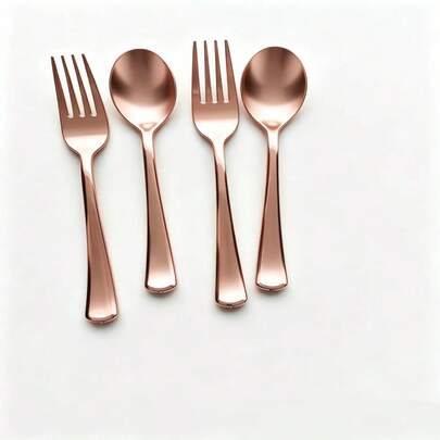 200/100/50/25/1pc Luxury Rose Gold Fork & Spoon Set, Mirror Polished Thickened Soup Spoon, Pasta Fork, Dessert Spoon, Western Tableware For Home, Hotel, Restaurant, Steak, Picnic, Party, Gift, Scratch-Resistant, Easy To Clean, Dishwasher , Portable Metal Cutlery, Hot-Selling Export Style