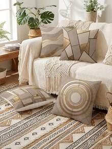 4pcs Set Luxury Minimalist Abstract Geometric 2D Flat Print Pillow Covers, Abstract Wave Square Circle Texture Square Cushion Covers, Suitable For Modern Sofa, Living Room Luxury Home Decor - Multicolor - View 3
