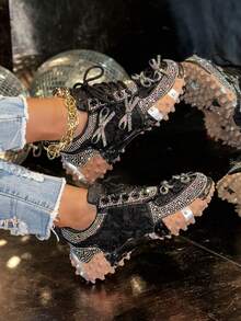 LiangJingJing Zapatos casuales rosas para mujer con patchwork de bloques de color, estilo de fiesta de moda, adornos de cristales artificiales, lentejuelas y gemas, zapatillas deportivas brillantes, adecuadas para gimnasio, exterior, todas las estaciones - Negro - Ver 3