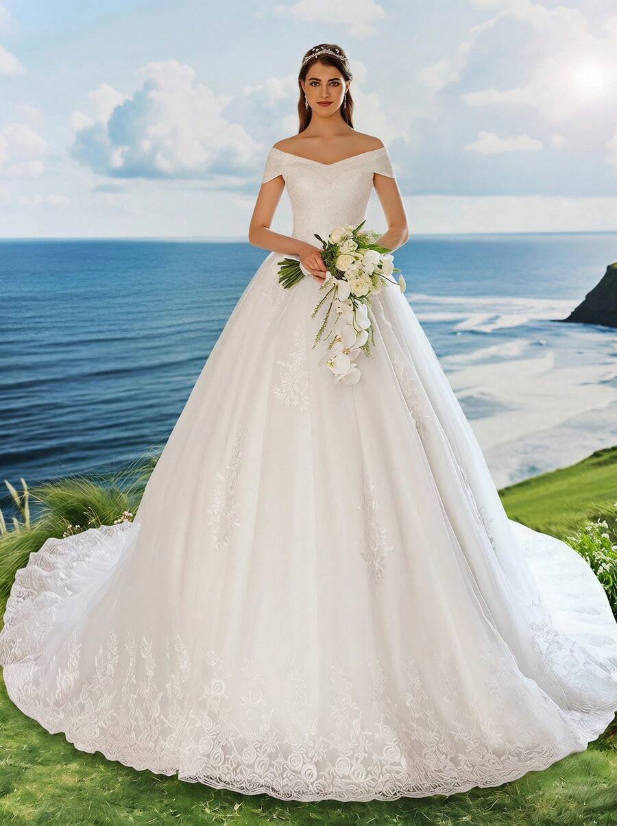Elasola Elegant Open Shoulder Handmade Beaded Applique Tulle Dress Wedding Dress (Slip Not Included), Bridal Gown Spring