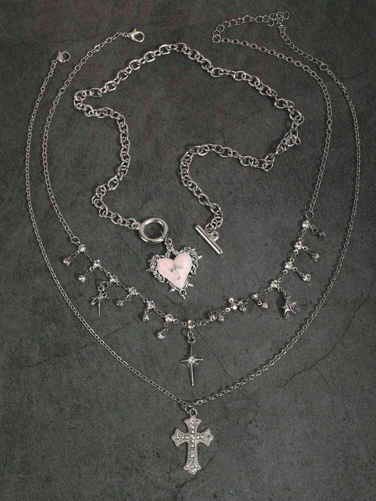 3pcs Gothic Layered Heart Rose OT Chain Cross Necklace Bling Bling Pentagram Star Tassel Necklace Double Layered Minimalist Ins Luxury Elegant Necklace Pendant Punk Collarbone Accessory Multi-Layer Sweater Chain Women Necklace Set - Pink - View 4