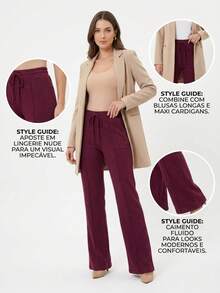 High-Waisted Wide-Leg Pants With Crease, Plain Wool, For Winter. - 紅木色 - 查看 2