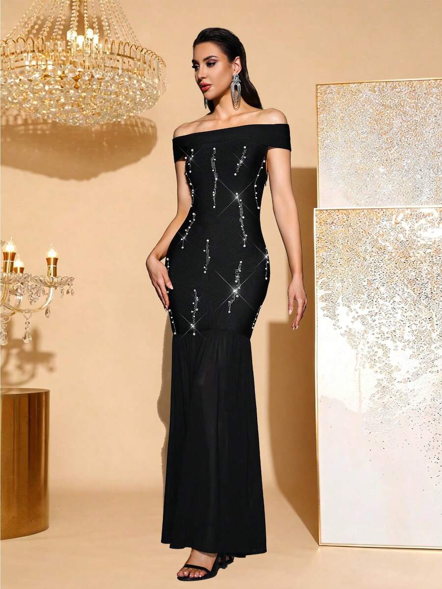 Elegant Black Off-Shoulder Rhinestone Mermaid Long Dress, Eye-Catching Mesh Patchwork Fitted Bandage Evening Gown, Suitable For Formal Dinner, Ball, Wedding Guest And Cocktail Party - Black - View 1