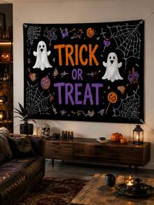 1件裝黑色萬聖節 Trick Or Treat 幽靈印花牆掛布，萬聖節風格聚酯纖維長方形掛旗，含蜘蛛網、糖果與南瓜元素，適用臥室、宿舍、派對、鬼屋與秋季裝飾 - 多色 - 查看 8