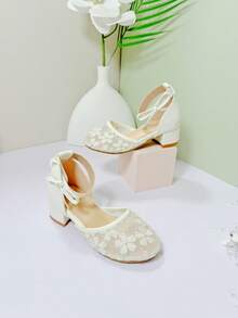 Sepatu Hak Tinggi Nyaman Berujung Bulat Berbahan Jala untuk Anak Perempuan, Sepatu Putri Serbaguna untuk Pemakaian Sehari-hari - Putih - View 4