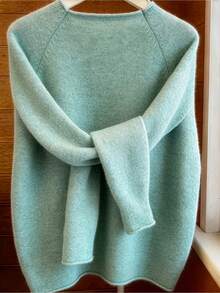 Women's Mint Green Speckled Knit Pullover Sweater With Raglan Sleeves, Rolled Round Neck, Loose Relaxed Fit, Layering Inner Top Fall - Mint Blue - View 3