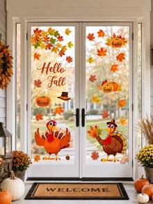 2pcs Thanksgiving Window Stickers, Removable Glass Decals, Cartoon Turkey Pumpkin Maple Leaf Hello Fall Pattern, Window Door Wall Party Decoration, For Adults, Thanksgiving Decor, Autumn Harvest Seasonal Holiday Decoration Supplies - Multicolor - View 3