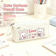 Cute Cartoon Rabbit & Bear Canvas Pencil Case, Heart Pattern Large Capacity Pencil Pouch, Perfect Back To School Gift For Kids, First Day Of School - Multicolor - View 5