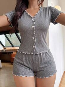 Women's Solid Color Short Sleeve Pajama Shorts Set, 2 Pieces - Grey - View 4