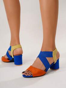 Fashionable Chunky Heel Elastic Band Sandals, Peep Toe High Heel Sandals For Spring And Summer - Multicolor - View 10