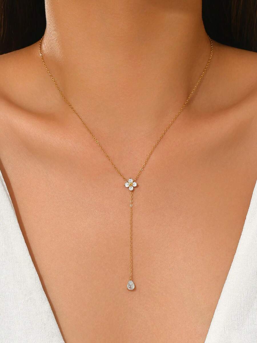 LIEBEIRIS 1pc 18K Gold Plated Y-Shaped Necklace With Flower And Water Drop Stone Inlay, Stainless Steel Necklace For Women, Suitable For Daily Wear And Gift Giving - Gold - View 1