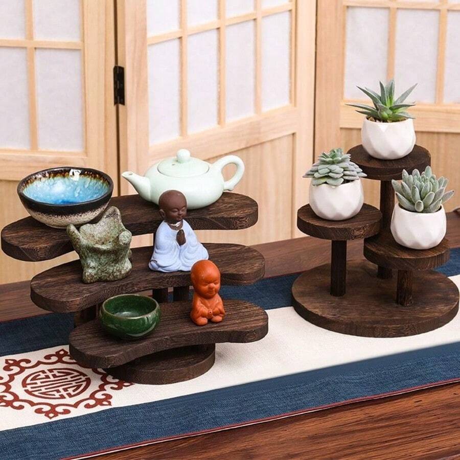 中式實木茶杯展示架 多層桌面復古裝飾 家用茶具茶壺收納架 - 彩色 - 查看 1