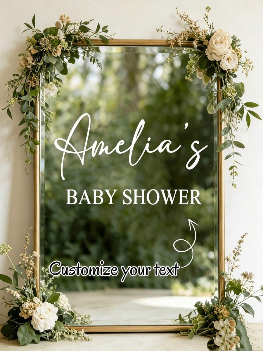 客製化嬰兒派對鏡面貼紙,可個性化姓名與「Baby Shower」文字,優雅手寫字體乙烯基貼紙,適用於鏡子與壓克力標牌,中性色調派對裝飾 - 彩色 - 查看 1
