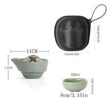 Outdoor Travel Tea Set, 1 Pot And 2 Cups, Portable Kung Fu Tea Set, Ceramic Tea Set With Filter And Protective Storage Bag. Suitable For Outdoor BBQ, Party, Camping, Space-Saving Design. - Green - View 5