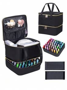 Organizador de Esmalte de Uñas de Mano de Doble Capa, Bolsa Organizadora de Cosméticos para Niñas y Mujeres, Arte de Uñas, Aceites Esenciales, Juego de Cosméticos, Uso Diario y de Viaje - 0142-Negro - Ver 2