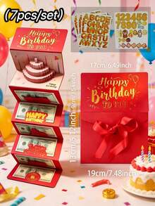 Kotak Uang Ulang Tahun Pop-Up 3D, Set 7 Buah (Kotak + Amplop Merah + Pita + 4 Halaman Stiker), Kartu Pop-Up 6 Slot Foil Hitam & Emas, Termasuk Stiker Usia & Huruf DIY, Hadiah Kejutan untuk Orang Dewasa dari Segala Usia - View 8