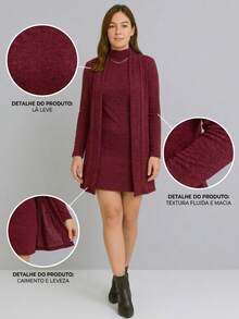 Winter Set: Cardigan + Tank Dress With Lace Collar - Redwood - View 3