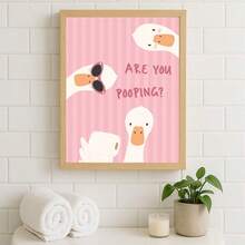 1 pieza/Set Arte de pared en lienzo, Póster de pared de baño con ganso lindo y humorístico "¿Estás haciendo caca?", Fondo de rayas rosas, Póster de pato humorístico, Diseño minimalista de papel higiénico, Adecuado para baño, baño de niños y baño de invitados, Marco no incluido - Dibujos animados - Ver 7