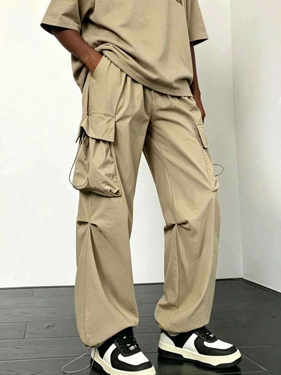 Pantalón Cargo Ancho Hombre Multibolsillos con Cordón, Pantalón Ligero de Moda Disponible en 4 Tonos - Caqui - Ver 1