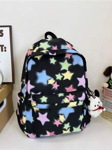 1pc Girls Star Print Nylon Zipper Closure Fashion Backpack Student School Bag Suitable For All Seasons Daily Use Without Pendant - A - View 10