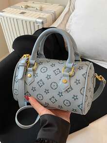 Dedoo 女款迷你水桶包 PU 皮革手提包，字母印花頂部手柄包，附可拆卸肩帶，復古斜挎單肩包，適合日常出遊 - 藍色 - 查看 4