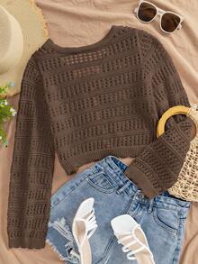 Crochet Hollow Out Cropped Cardigan Women Lightweight Open Front Knit Cover Up Beach Vacation Summer Daily Casual Outfit - Brown - View 3
