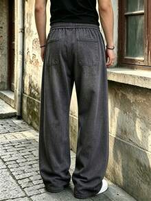 Men's Vintage Washed Distressed Wide Leg Denim Jeans, Loose Fit Straight Leg Drape Floor Length Pants With Elastic Waist And Double Drawstring Design, Streetwear Slouchy Versatile Casual Everyday Outing Long Pants - Black - View 3