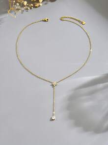 LIEBEIRIS 1pc 18K Gold Plated Y-Shaped Necklace With Flower And Water Drop Stone Inlay, Stainless Steel Necklace For Women, Suitable For Daily Wear And Gift Giving - Gold - View 3