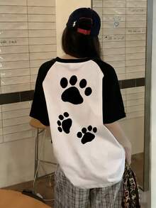 Y2K女款時尚夏季插肩袖撞色圓領百搭字母卡通貓爪印花短袖T恤休閒白色夏裝 - 白色 - 查看 2