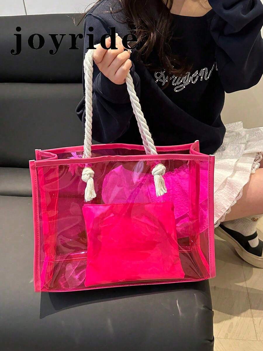 Set de 2 bolsas de playa transparentes de color block de moda para mujer - Rosa Fucsia - Ver 1