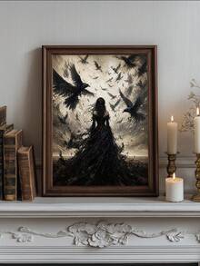 1pc Canvas Wall Art, Framed Wall Decor, Vintage Gothic Style Crows And Black Clothed Woman Canvas Painting, Dark Academia Atmosphere Oil Painting Print, Thriller Dark Pastoral Style Modern Home Decor, Room Decor, Dorm Decor, Bedroom Decor, Bathroom Decor, Kitchen Decor, Dining Room Decor, Living Room Decor, Office Decor, School Decor, Classroom Decor, Back To School Decor - Raven Girl - View 1