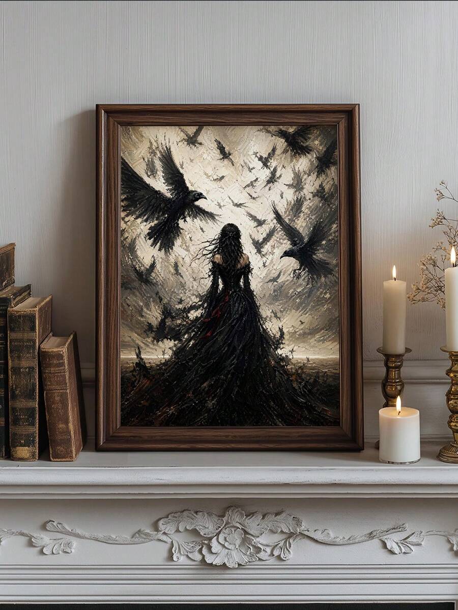 1pc Canvas Wall Art, Framed Wall Decor, Vintage Gothic Style Crows And Black Clothed Woman Canvas Painting, Dark Academia Atmosphere Oil Painting Print, Thriller Dark Pastoral Style Modern Home Decor, Room Decor, Dorm Decor, Bedroom Decor, Bathroom Decor, Kitchen Decor, Dining Room Decor, Living Room Decor, Office Decor, School Decor, Classroom Decor, Back To School Decor - Raven Girl - View 1