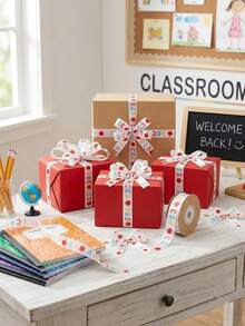 9m-1pc-School Start-Up Gift Wrapping Ribbon, Apple Letter Pattern Ribbon, Back-To-School Gift Wrapping, Suitable For School Start-Up Parties, Back-To-School Gift Wrapping, Back-To-School Supplies, Holiday Parties, Campus Seasons, Birthday Decorations - Multicolor - View 3