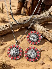 Western Vintage Cowboy Style Classic Long Horn Bull Head Embossed Necklace And Earrings, Retro Distressed Silver Carved Pattern With Scrollwork, Iconic American Western Texas Cowboy Totem Symbolizing Wild And Free Ranch Style - Western Cowboy Style - View 1