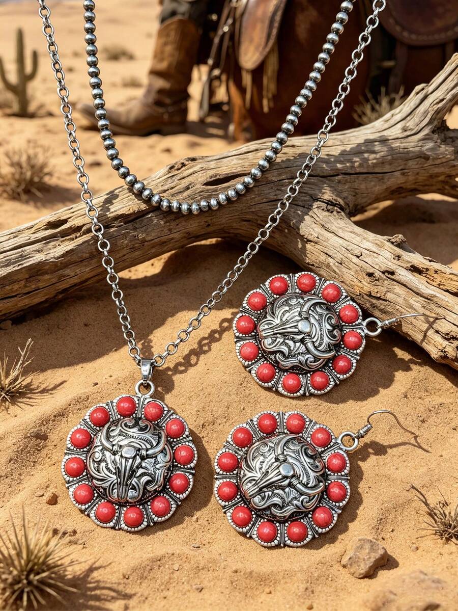 Western Vintage Cowboy Style Classic Long Horn Bull Head Embossed Necklace And Earrings, Retro Distressed Silver Carved Pattern With Scrollwork, Iconic American Western Texas Cowboy Totem Symbolizing Wild And Free Ranch Style - Western Cowboy Style - View 1