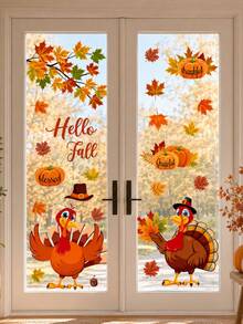 2pcs Thanksgiving Window Stickers, Removable Glass Decals, Cartoon Turkey Pumpkin Maple Leaf Hello Fall Pattern, Window Door Wall Party Decoration, For Adults, Thanksgiving Decor, Autumn Harvest Seasonal Holiday Decoration Supplies - Multicolor - View 2