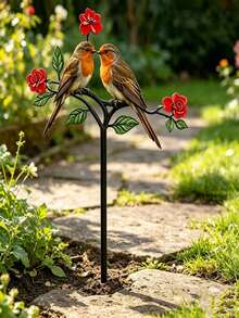 1 pieza Estaca de jardín de metal con petirrojo, petirrojo pintado a mano con doble amor y rosa roja, decoración de arte de jardín, adorno de pájaro y flor de hierro resistente a la oxidación para exteriores, decoración de señal de jardín con pareja de pájaros románticos, adecuado para césped, patio, patio trasero, decoración de boda - Multicolor - Ver 6