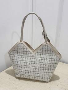 Sac cabas d'épaule en tweed avec décoration de nœud, léger et portable, style décontracté et mode, motif à carreaux, écharpe fine décorative, pour filles, femmes et étudiantes - Blanc - Voir 3