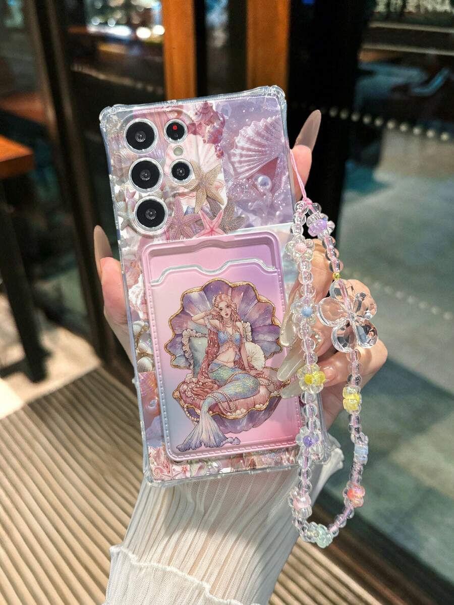 Android Mermaid Painted Transparent Four-Corner Card Holder Multi-Function Card Wallet With Wrist Strap Thick Anti-Drop Phone Protective Case Compatible With Galaxy S25/S25PLUS/S25 Ultra/A16/A36/A26/A56/A50/A12/A32/A52/A72/A51/A21S/A13/A14/S24/S24PLUS/S24Ultra/S20/S23/S22/A53/S20FE/S21/,Compatible With Xiaomi 11/12Pro/12/12X/13Pro/14Pro/15Pro/X3pro/ Compatible With Redmi 10/9/Note9/12c/Note11pro/Note8Pro/9C/9a - Multicolor - View 1