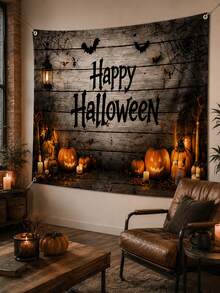1pc Happy Halloween Backdrop, Pumpkin, Bat, Spider Web, Lantern And Rustic Wood Plank Print Polyester Rectangular Background Cloth With 4 Grommets For Living Room, Photo Booth, Haunted House, Party And Fall Decor - Multicolor - View 6