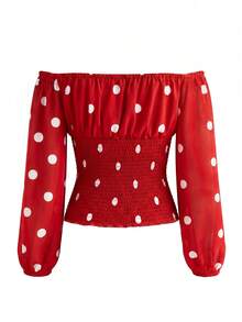 Atasan Wanita Motif Polkadot Tanpa Bahu dengan Detail Kerut, Kasual, Serbaguna untuk Pakaian Sehari-hari, Warna Merah, Cocok untuk Liburan. - Merah - View 3