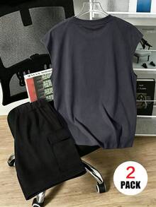 Teen Boys Casual Bear Print Tank Top And Cargo Shorts Set, Suitable For Commuting, School, Casual Outings, Sports, Spring/Autumn/Summer - Multicolor - View 3