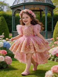 Girls' Elegant Flutter Sleeve Gold Thread Embroidered Train Dress, Puff Skirt Party Dress, Wedding Flower Girl Dress, Evening Gown - Pink - View 2