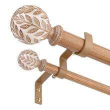 Double Curtain Rod 36-122 Inch, Boho Decorative Long Dual Curtain Rods For Windows, 1" Adjustable Heavy Duty Double Rod, Unique Handmade Imitation Grain Leaf Finial Design - White Wood - View 1